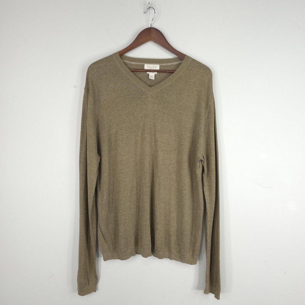 Banana Republic Sweater Mens Large Brown Silk Linen V Neck Lightweight Knit